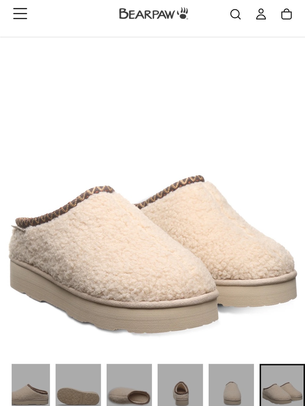 BearPaw Cream Sherpa Slip-On Clog with Brown Trim